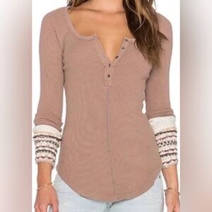 Free People Ski Lodge Alpine Sweater Cuff Thermal Henley Tan Beige XS